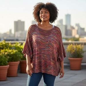 Est 1962 Womens Sweater Sz L Light Knit Red Multi Oversized Half Sleeve Top Boho